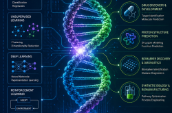 Infographic displaying the intersection of machine learning algorithms and a 3D DNA double helix structure, representing biotechnology and AI.