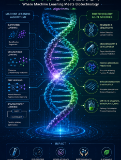 Infographic displaying the intersection of machine learning algorithms and a 3D DNA double helix structure, representing biotechnology and AI.