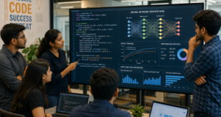 A group of young Indian tech professionals collaborating on an AI development project in a modern software office, looking at data analytics dashboards and machine learning algorithms on a large screen representing growing AI career opportunities in India.