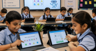 Primary school students in India solving logic puzzles on tablets during a CBSE computational thinking class.