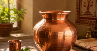 A traditional, polished Indian copper water pot sitting on a rustic wooden table, illuminated by soft morning light filtering through a window.