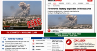 Infographic debunking the fake Rajouri video by showcasing the original Malta fireworks factory explosion news report from June 2026.