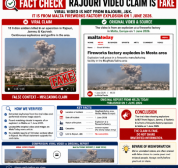 Infographic debunking the fake Rajouri video by showcasing the original Malta fireworks factory explosion news report from June 2026.