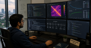 A software engineer in Bengaluru reviewing neural network training matrices and Python code pipelines across multiple high-resolution desktop monitors