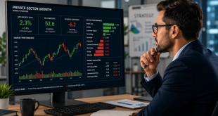 A professional financial advisor analyzing green and red stock market data charts on a computer screen representing private sector growth.