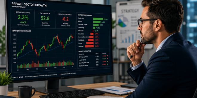 A professional financial advisor analyzing green and red stock market data charts on a computer screen representing private sector growth.