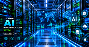 A high-tech server room inside a modern data center with glowing blue and green LED lights on server racks, representing global enterprise AI infrastructure trends in 2026.