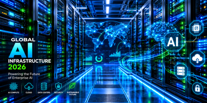 A high-tech server room inside a modern data center with glowing blue and green LED lights on server racks, representing global enterprise AI infrastructure trends in 2026.