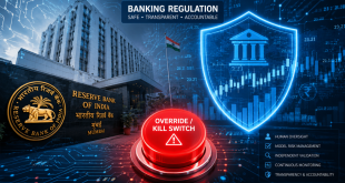 An abstract concept image representing banking regulation, featuring a digital circuit board background layered over the Reserve Bank of India (RBI) headquarters in Mumbai, with a prominent glowing red "Override/Kill Switch" button icon and a semi-transparent digital shield overlaying financial data graphs.