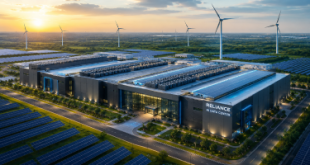 A high-tech, modern aerial or conceptual shot of a sustainable hyperscale data center complex surrounded by solar panels or wind turbines.