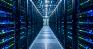 A high-performance hyperscale data centre interior showing rows of high-density server racks with blue and green LED indicator lights illuminating the hardware architecture.