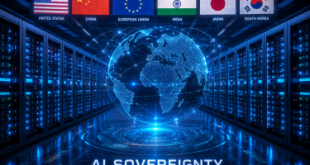A massive national exascale supercomputer room showcasing rows of glowing server racks, representing the global AI sovereignty and supercomputer race.