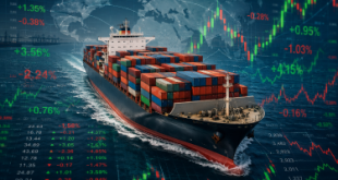 A large container ship sailing over an overlay of fluctuating green and red stock market data charts and percentages, symbolizing volatile global trade patterns.
