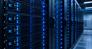 Close-up of modern high-density AI server racks glowing with blue LED indicator lights inside a clean data center facility.