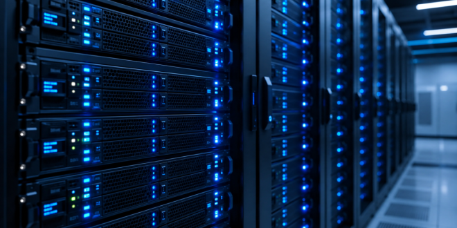 Close-up of modern high-density AI server racks glowing with blue LED indicator lights inside a clean data center facility.
