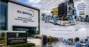 An architectural view of the IN-SPACe headquarters logo alongside modern satellite assembly cleanrooms. High Resolution