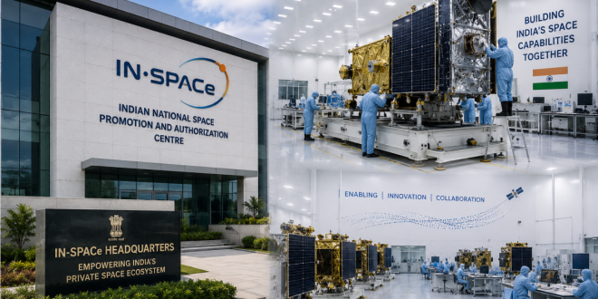 An architectural view of the IN-SPACe headquarters logo alongside modern satellite assembly cleanrooms. High Resolution