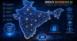 A high-tech digital map of India glowing with interconnected data nodes, neural network overlays, and circuit board lines, symbolizing the country's sovereign AI infrastructure and digital independence.