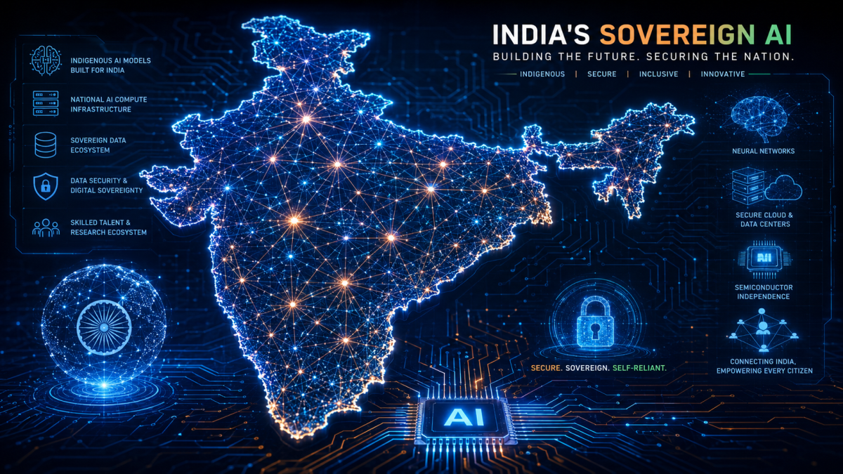 A high-tech digital map of India glowing with interconnected data nodes, neural network overlays, and circuit board lines, symbolizing the country's sovereign AI infrastructure and digital independence.