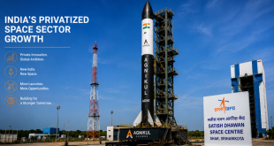 An AgniKul Cosmos rocket standing on a private launchpad at Satish Dhawan Space Centre under a clear blue sky, illustrating India's privatized space sector growth.