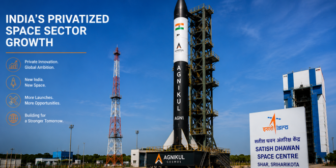 An AgniKul Cosmos rocket standing on a private launchpad at Satish Dhawan Space Centre under a clear blue sky, illustrating India's privatized space sector growth.
