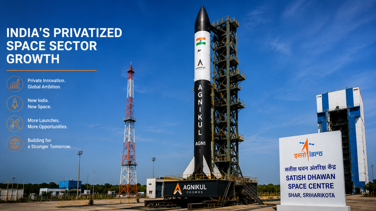 An AgniKul Cosmos rocket standing on a private launchpad at Satish Dhawan Space Centre under a clear blue sky, illustrating India's privatized space sector growth.