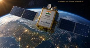 Artistic rendering of a private commercial satellite orbiting Earth, symbolizing the growth of the India space tech ecosystem.