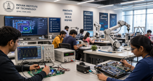 A state-of-the-art electronics laboratory inside an Indian engineering institute, featuring students working with oscilloscopes, robotic arms, and advanced circuit boards.