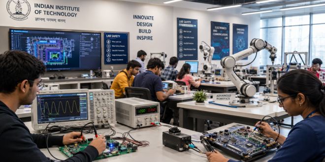 A state-of-the-art electronics laboratory inside an Indian engineering institute, featuring students working with oscilloscopes, robotic arms, and advanced circuit boards.
