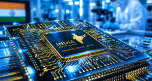 A close-up, high-tech view of a shiny silicon microchip etched with intricate gold circuitry patterns, glowing under blue and white laboratory cleanroom lights, representing advanced technological innovation in India.