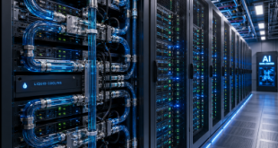 high-density AI data center server racks featuring advanced liquid cooling pipe systems
