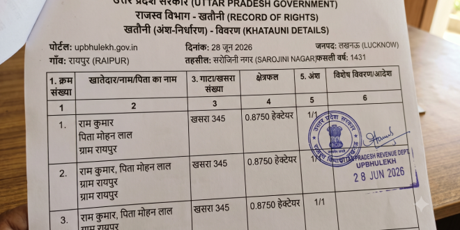 A detailed close-up of an official Uttar Pradesh land record document (Khatauni) generated from the UP Bhulekh portal.
