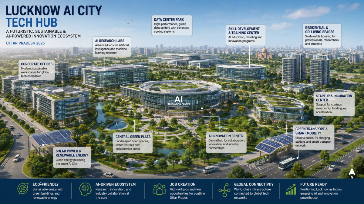 Labeled architectural rendering of the proposed Lucknow AI City tech hub showcasing modern eco-friendly corporate offices and AI research labs in Uttar Pradesh 2026