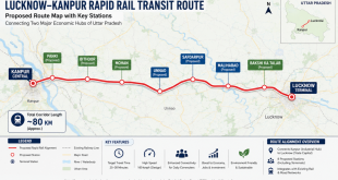 Map of the Lucknow-Kanpur Rapid Rail Transit route showing proposed key stations and alignment across central Uttar Pradesh