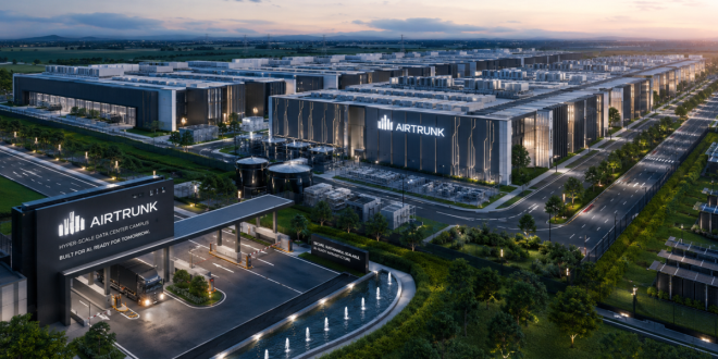 Modern architectural exterior layout of a massive AirTrunk hyper-scale data center campus optimized for generative AI and cloud infrastructure workloads
