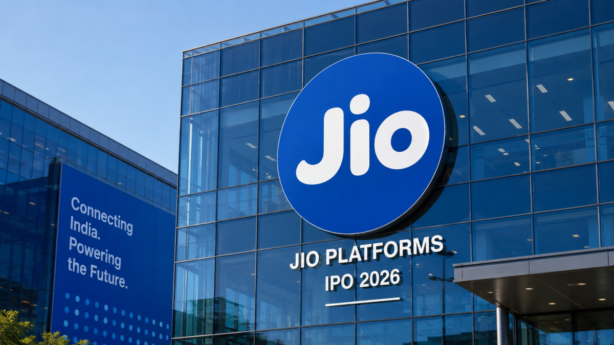 The official blue and white Jio logo displayed prominently on a modern glass corporate office building facade, representing the Jio Platforms IPO 2026.