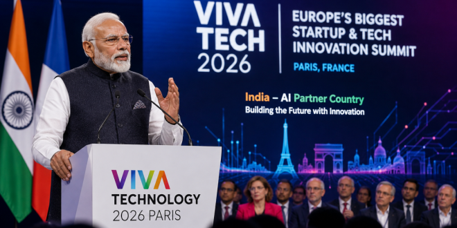 Prime Minister Narendra Modi addressing global tech leaders and investors at the VivaTech 2026 innovation summit in Paris, France.