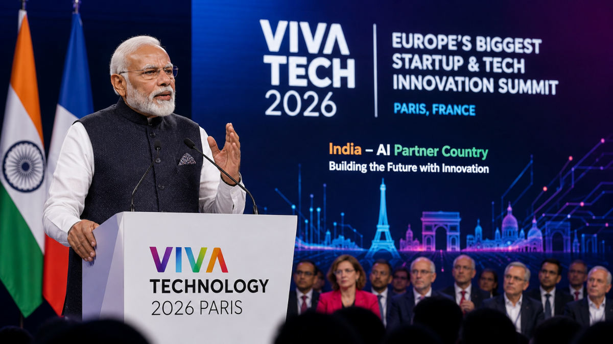 Prime Minister Narendra Modi addressing global tech leaders and investors at the VivaTech 2026 innovation summit in Paris, France.