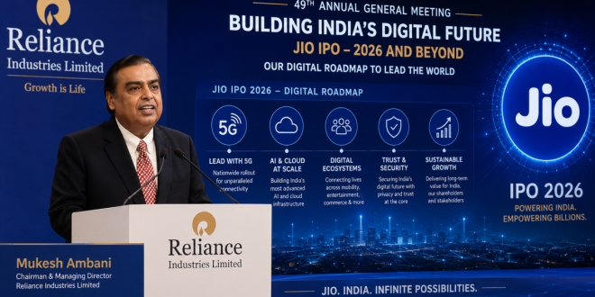 Mukesh Ambani, Chairman of Reliance Industries Limited, addressing shareholders at the 49th Annual General Meeting (AGM), presenting the 2026 digital roadmap for the Jio IPO.