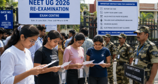 Medical aspirants standing outside a NEET UG 2026 re-examination center in India, checking their admit cards under tight security protocols.