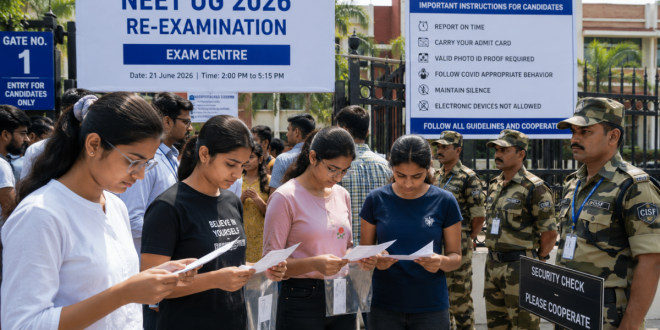 Medical aspirants standing outside a NEET UG 2026 re-examination center in India, checking their admit cards under tight security protocols.
