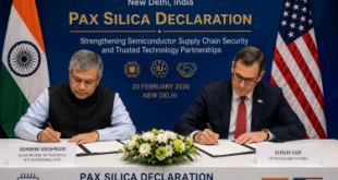 Union Minister Ashwini Vaishnaw and US Ambassador Sergio Gor signing the historic Pax Silica Declaration at the AI Impact Summit 2026 in New Delhi, cementing India semiconductor supply chain security.