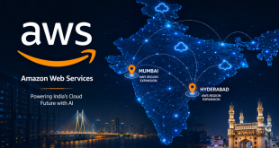 Amazon Web Services logo displayed alongside a high-tech digital map layout representing cloud connectivity across major hubs in Mumbai and Hyderabad.