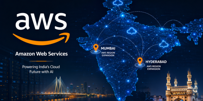 Amazon Web Services logo displayed alongside a high-tech digital map layout representing cloud connectivity across major hubs in Mumbai and Hyderabad.