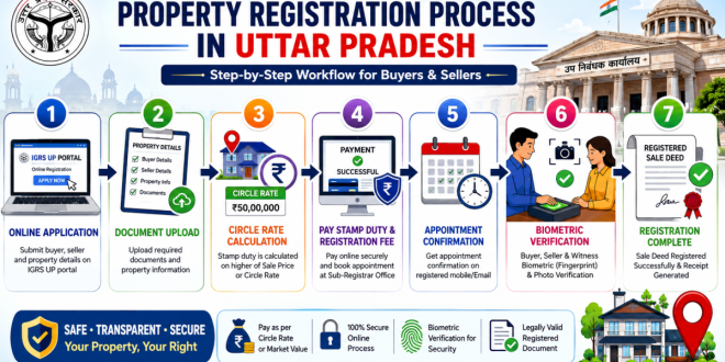 Labeled diagram of a step-by-step property registration workflow in Uttar Pradesh showing online application, circle rate calculation, and biometric verification.