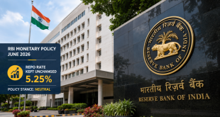 The exterior view of the Reserve Bank of India (RBI) headquarters building in Mumbai, representing the central bank's June 2026 monetary policy announcement to keep the repo rate stable at 5.25%.