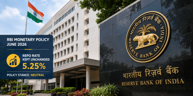 The exterior view of the Reserve Bank of India (RBI) headquarters building in Mumbai, representing the central bank's June 2026 monetary policy announcement to keep the repo rate stable at 5.25%.