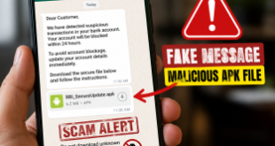 A person holding a smartphone showing a fake WhatsApp message from the RBI, with a red warning symbol highlighting a malicious APK file download.