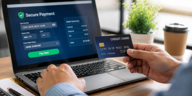 Close-up of an individual using a credit card to pay safely online via a laptop, illustrating financial planning.