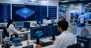 Modern state-of-the-art semiconductor laboratory inside MNIT Jaipur with researchers working on virtual chip simulation platforms.